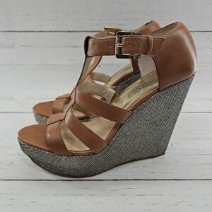 Michael Kors Faye Wedge Size 10 Tan Gold Sparkle Leather Platform Sandals